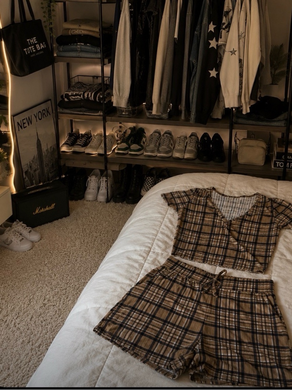 Plaid Two-Piece Lounge Set in Tan and Black
